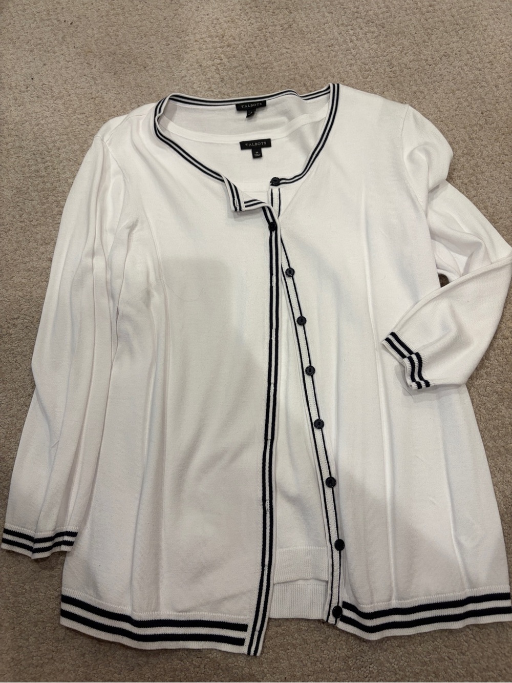 Talbots White Button-Front Cardigan with Navy Trim